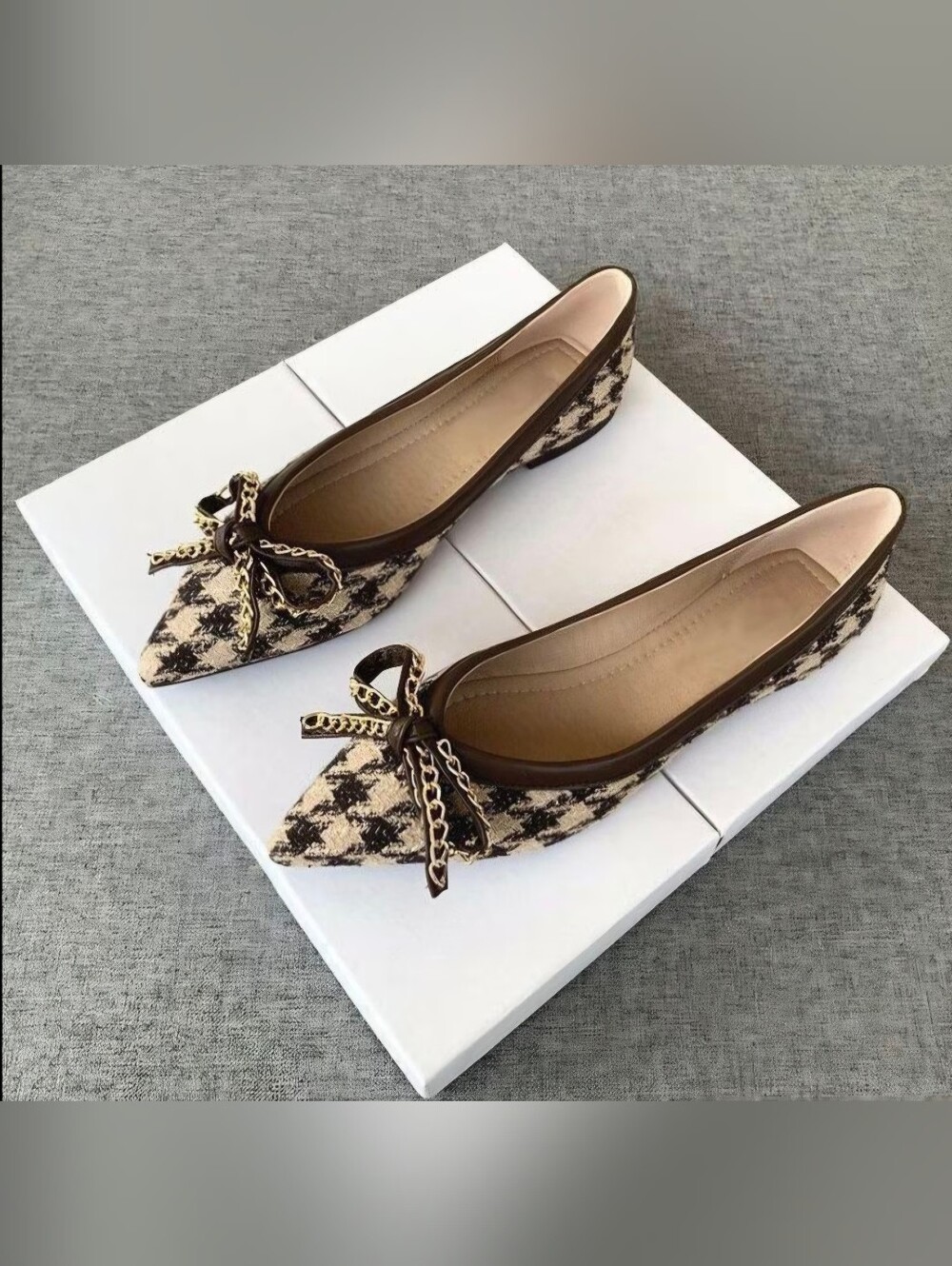 Pointed Toe Flat Shoes Women New Houndstooth Bowknot Elegant Ladies' Shoes